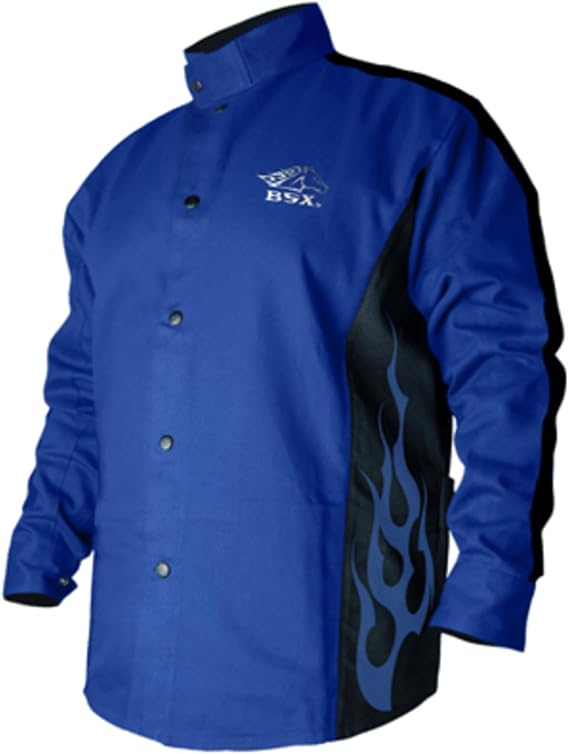 BSX Black Stallion (BXRB9C) 9 oz Contoured Flame-Resistant Cotton Welding Jacket, Welder's Collar, Dual Scribe Pockets, Leather-Reinforced Snaps, Medium, Royal Blue