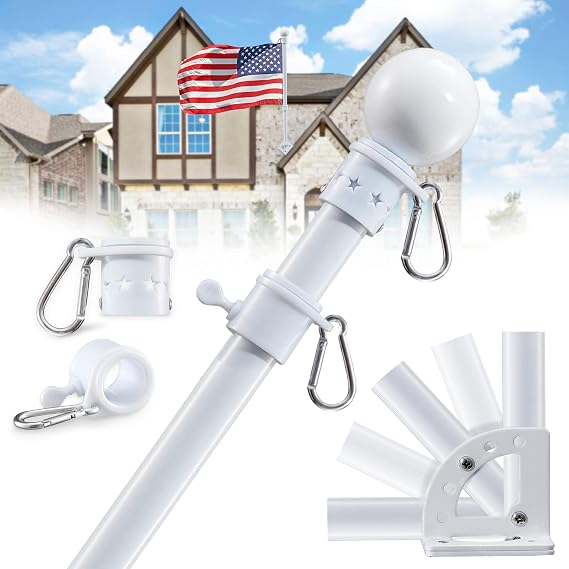 Flag Pole for Outside House with Holder Bracket - 6ft Tangle Free Flag Poles,Heavy Duty Flagpole Hardware Kit High Wind Resistant,Metal Flagpoles Residential for Outdoor,Porch-White