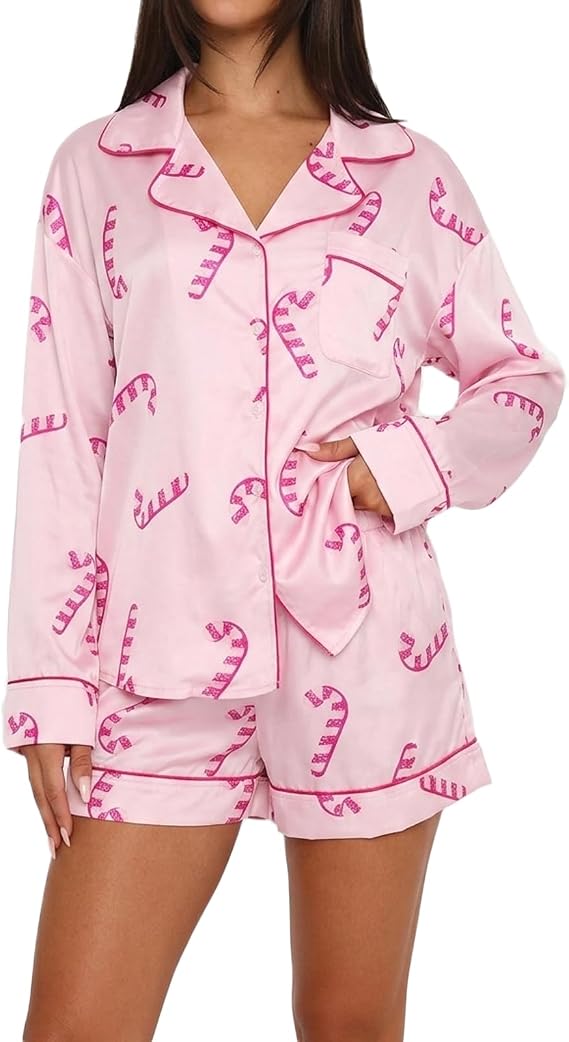 NVRENJIA Women Christmas Pajamas Set Cute Printed Pjs Long Sleeve Shirt Shorts Holiday Lounge 2 Piece Sleepwear
