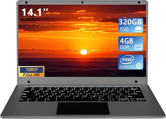 Morostron 14.1 inch Laptop Computer,Celeron Quad-Core Up to 2.2 GHz,4GB RAM and 320GB SSD,Win11 Laptop Computers with FHD IPS,Slim and Lightweight Notebook,Work and Students laptops,Gray,WPS