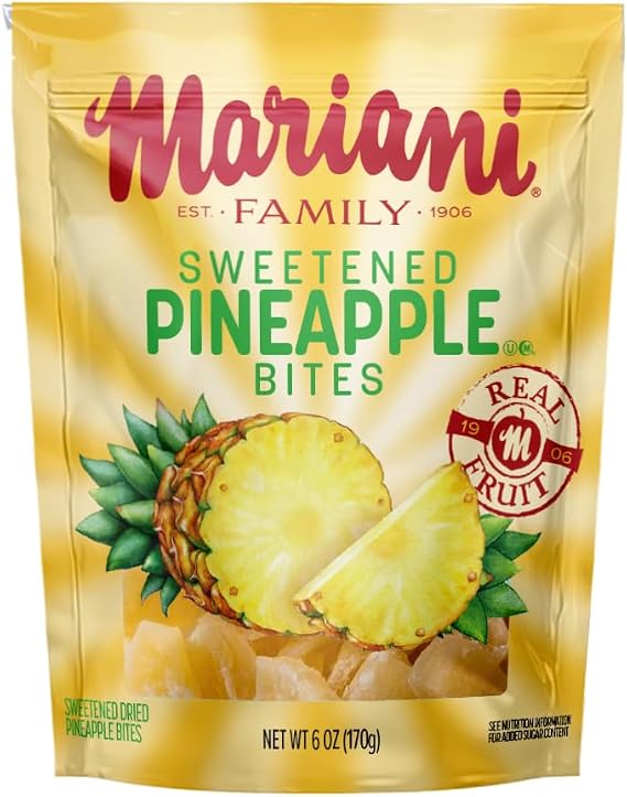 Mariani Sweetened Dried Pineapple Bites, 6 Oz Real Fruit, Soft & Chewy Tropical Snack, Resealable Bag for Lunchboxes and On-the-Go Snacking