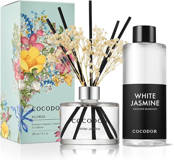 COCODOR Best Scent Flower Reed Diffuser & Refill Set / 6.7oz / 2 Pack/White Jasmine, Aromatherapy, Scent Diffuser with Sticks Home Fragrance for Bathroom Shelf Decor