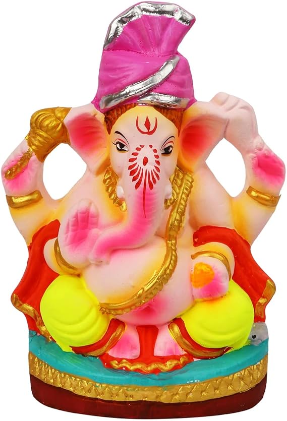 SATVIK 8 Inch Nandana Eco-Friendly Hand-Painted Pagdi Ganesha Idol in Padmasana Pose | Non-Toxic Colors | Perfect for Home Decor & Festive Celebrations