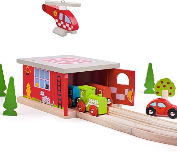 Bigjigs Rail Fire Station Shed, Firefighter Themed Wooden Train Accessory