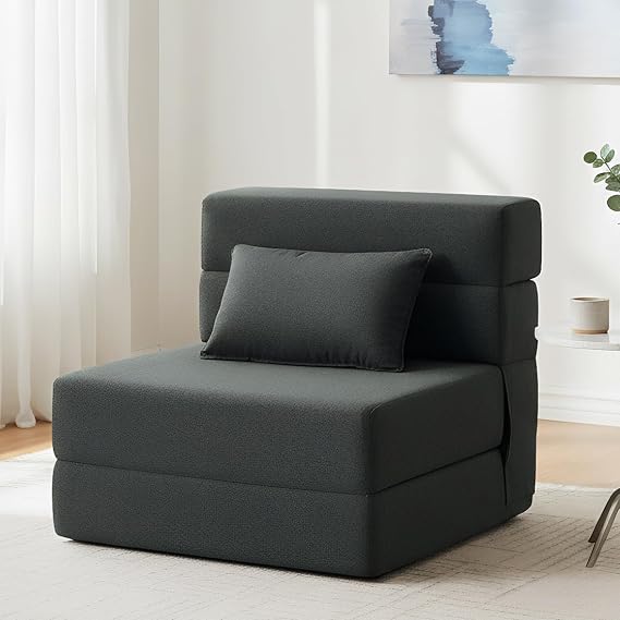 FILUXE Convertible Folding Sofa Bed - Sleeper Chair with Pillow, Modern Linen Fabric Floor & Futon Sofa, Folding Mattress for Living Room, Dorm, Guest, Home Office, Apartment, Single Dark Grey