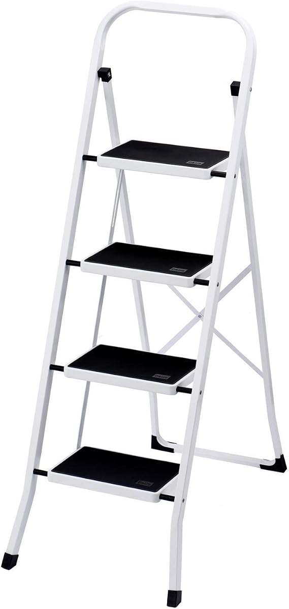 4 Step Ladder Step Stool, Sturdy Step Stools for Adults with Wide Anti-Slip Pedal, Portable Folding Step Stool with Handle, Lightweight Steel Step Ladder, 330lbs Capacity Kitchen Step Stool, White