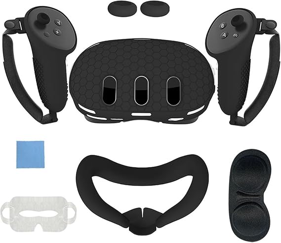 Silicone Cover Set Compatible with Oculus/Meta Quest 3, VR Accessories Protective Cover Includes Controller Grips, Front Shell Headset Cover and Face Cover (Black)