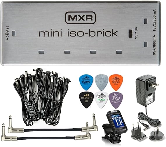 MXR M239 Mini Iso-Brick 9v,18v Effects Pedal Power Supply with Tonebird Bundle Including Dunlop ECB004 18-volt Adapter, True Tune Tuner, Patch Cables and Dunlop Picks