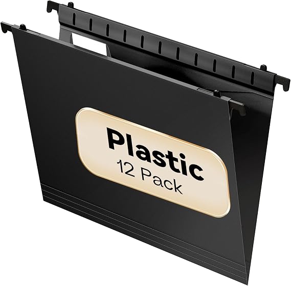 Plastic Hanging File Folder Letter Size,12 Pack Reinforced Heavy Duty Hanging Folders,Sturdy File Cabinet Folders,Black Hanging File Folder with Tabs,Hanging Folders for Filing Cabinet