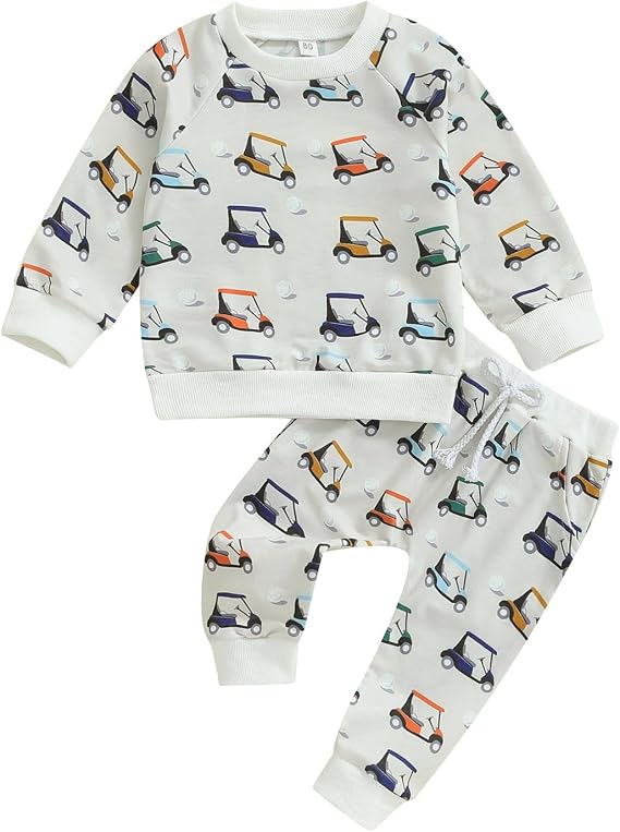 Toddler Baby Boy Golf Outfit Golf Cart Print Sweatshirt Top Jogger Pants Set 2Pcs Boys Fall Winter Clothes