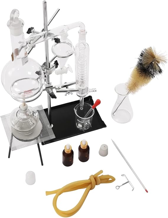 Lab Distillation Apparatus, 500ML Lab Essential Oil Extraction Distillation Apparatus, Chemistry Lab Glassware Kit, for Distillation, Separation, Purification