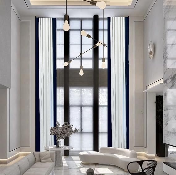 Ikiriska Extra Long Curtains with Stripes 8-20 ft Length .Custom Made Drapes, 100" Wide. (White+2Black Stripes, 100Wx180L)