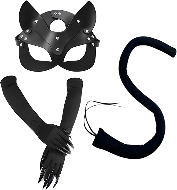 Catwoman Costume for Women, 3 PCS Black Cat Costume Set, Halloween Costumes with Gloves, Masquerade Mask and Cat Tail, Perfect for Halloween, Cosplay and Themed Parties