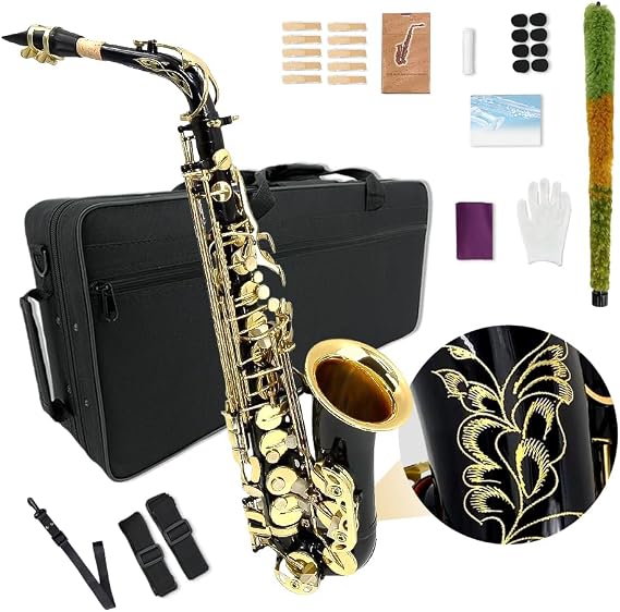 Vetimobato E Flat Alto Saxophone Black-golden Lacquer Full Brass Student Eb Alto Sax Kit for Beginners Intermediate Players with Hard Case Mouthpiece Reeds Neck Strap Cleaning Set (Black)