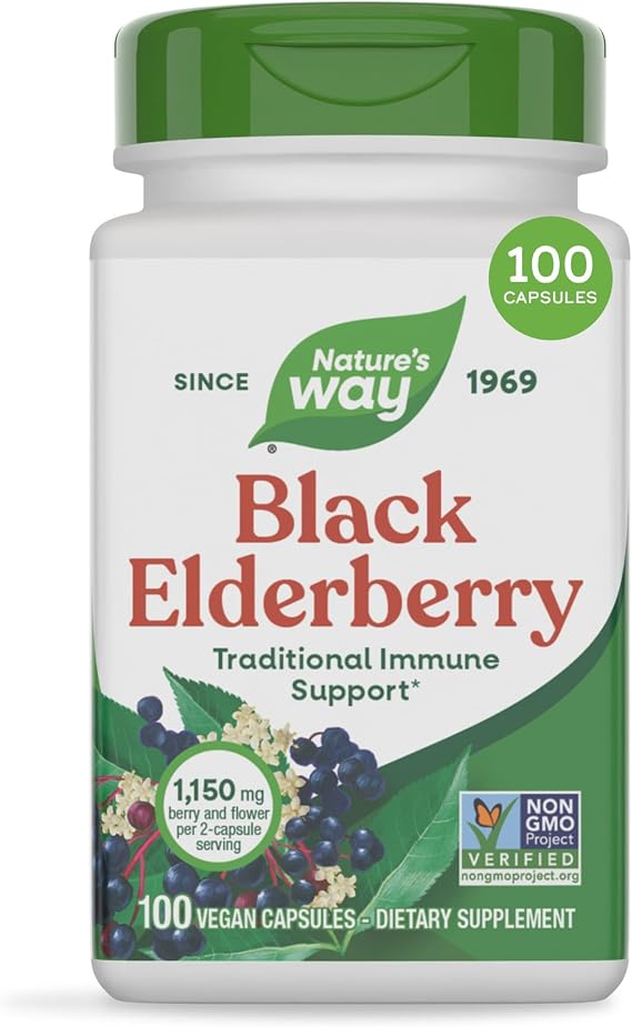 Nature's Way Black Elderberry Capsules, 1,150 mg per Serving, Vegan, 100 ct