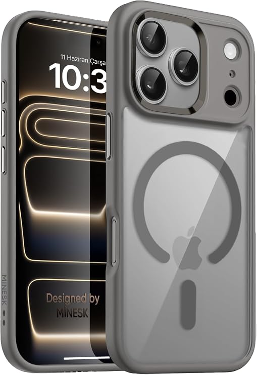 Minesk iPhone 17 Pro Max için SUPER-CRYSTAL Magsafe ile Uyumlu Kılıf Arkası Kristal Berraklığında Cam Görünüm Kenarları Darbe Emici Silikon Hybrid Kılıf (Titanyum, 17 Pro Max)
