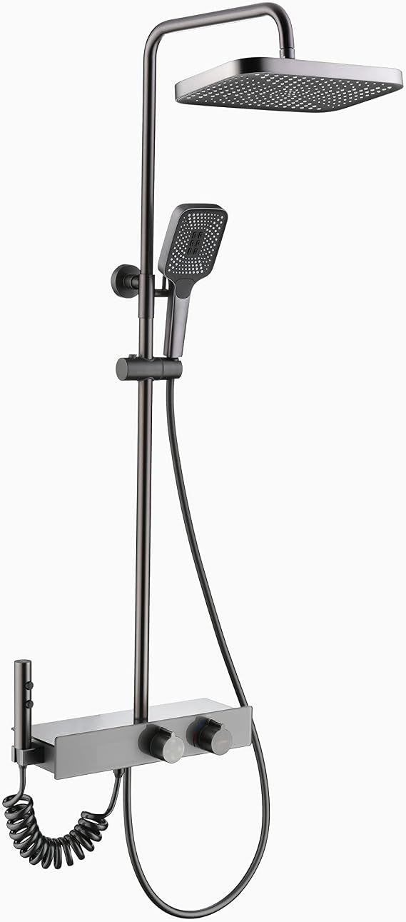 Lefton Temperature Display Shower Set with Dual Shower Head, Waterfall Shower Faucet Set with Spray Gun, 4-in-1 Rotatable Control, Adjustable Water Outlet Modes and Hot & Cold Water, Grey, SST2205-2