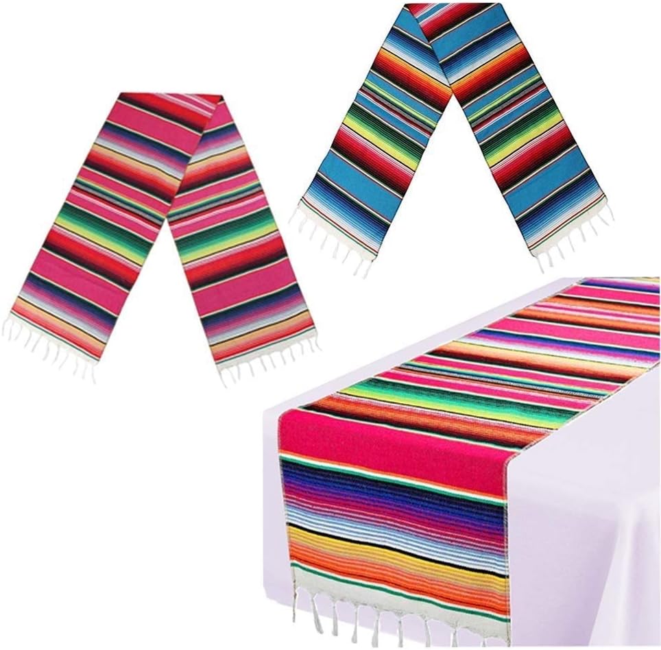 2 Pack Mexican Table Runner 14 x 108 Inches Serape Blanket Colorful Fringe Table Cloths Decor for Mexican Tribal Cinco de Mayo Fiesta Pool Party Outdoor Picnics Dining Wedding