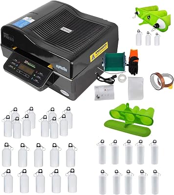 INTBUYING 3D Vacuum Sublimation Heat Press Machine with 500ml 600ml 750ml 30pcs Sublimation Blank White Aluminium Water Bottle and 3in1 Size Silicone Rubber Clamp for Transfer Mug Printing