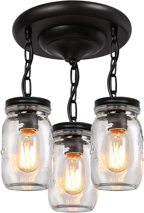 Glass Mason Jar Light Fixtures, 3-Lights Pendant Ceiling Lights Flush Mount - Black Country Farmhouse Lights for Kitchen Dining Room Foyer Stairway Hallway Entryway Porch