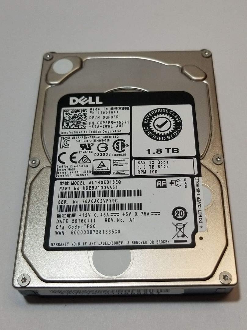 TOSHIBA 1.8TB HDD 10K RPM 2.5 12Gbs SAS Hard Disk Drive Model: AL14SEB18EQ DPN: GP3FR