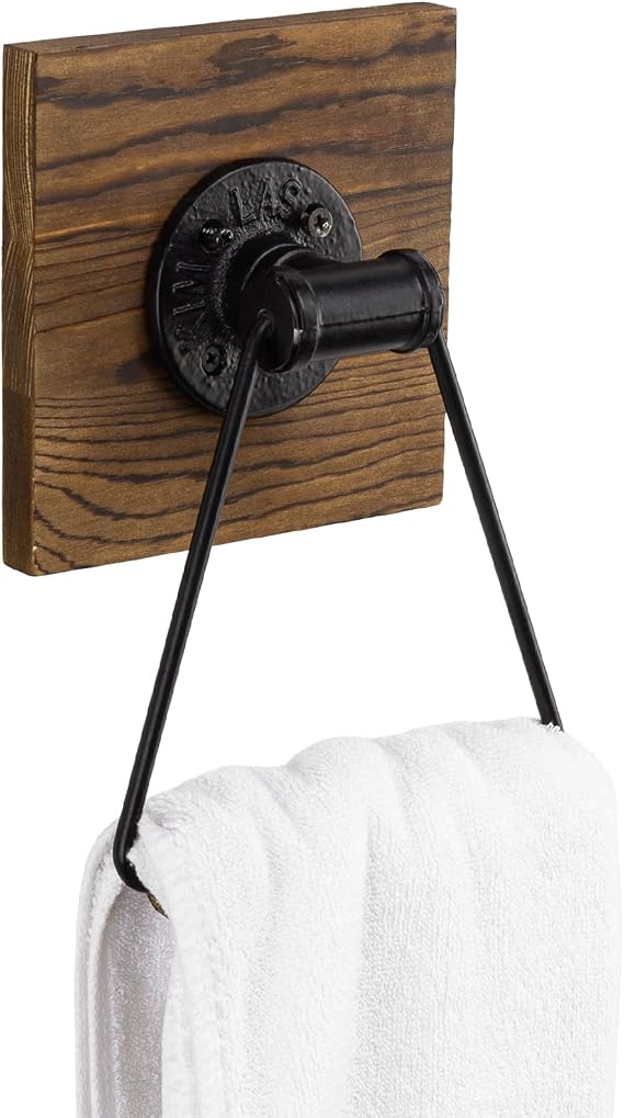 MyGift Bathroom Hand Towel Holder, Towel Rack Ring 5.5x8.7 inch for Kitchen, Laundry Room, Matte Black Industrial Metal with Rustic Solid Burnt Wood