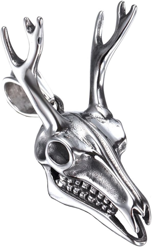 HIJONES Mens Stainless Steel Silver Tone Punk Deer Skull Necklace Animal Head Charm Pendant with Chain