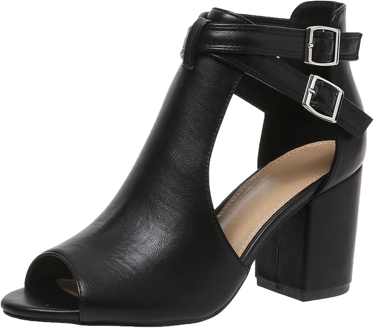 Women's Peep Toe Sandals Side Cutout Chunky high Heel Adjustable Buckle
