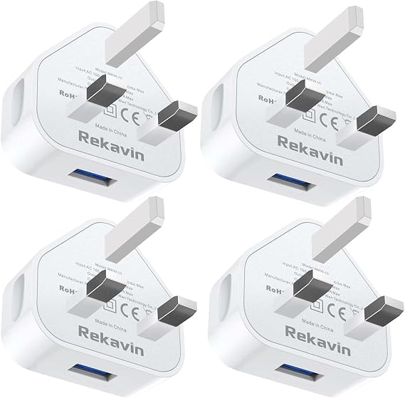 USB Plug, 4Pack USB Plug UK Adaptor Phone Charger Mains Charge Single Port Wall Plugs Adapter 3 PIN 5V 1AMP Charging for iPhone Apple 16 15 14 13 12 11 XS XR X 8 7 6,iPad Pro,Samsung, Andorid Mobile