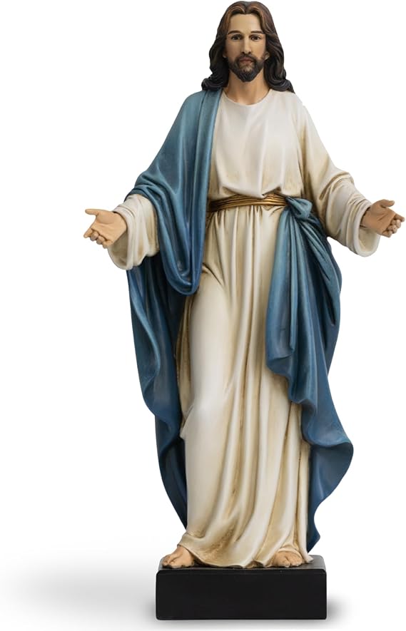 12 Inch Jesus Statue with Open Arms, Hand Painted Jesus Christ Figurine in Blue Robe, Realistic Resin Religious Sculpture for Christian Home Decor