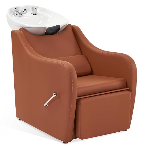 BarberPub Ceramic Shampoo Bowl and Chair Set for Barbershop, 9090(Caramel)
