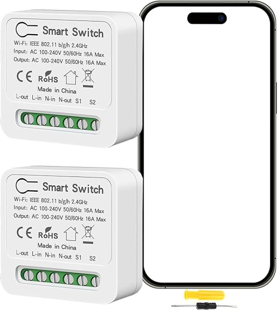 2Pcs ZigBee Mini Smart Switch Mini Smart Light Switch Switches DIY Breaker Module 2 Way Control 16A Zigbee Hub Require Compatible with Alexa, Google Home, Neutral Wire Required