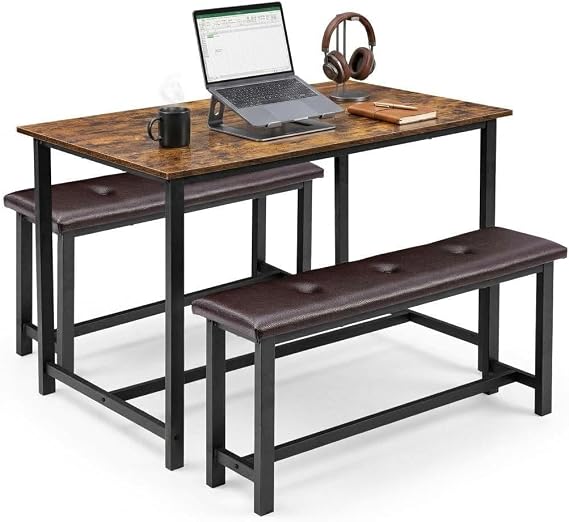 Rectangular Dining Room Table Set with 2 Upholstered Benches, 3 Piece Kitchen Table Set for 4, Space Saving Kitchen Table for Home Restaurant Bistro Patio Garden, 70D x 112W x 75H cm,Brown