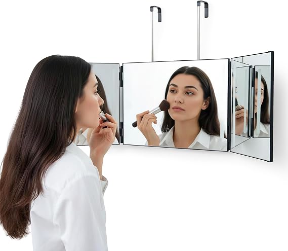 360° Trifold Mirror with Adjustable Height Hook, 3 Way Folding for Hair Cutting, Self Hairdressing & Makeup, Portable Hanging Barber Mirror (Without Lights)