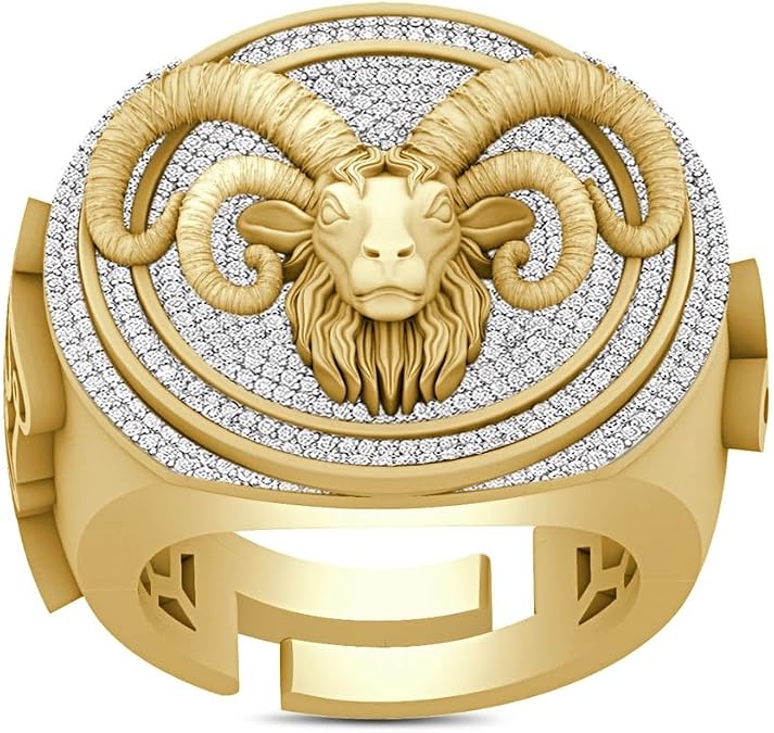 3D LOOK Big Bold 24mm Real Genuine Authentic 1.50 Ctw. VVS/1 Certified Tested Moissanite Diamond 14K Solid Yellow Gold Finish Zodiac Lucky Birth Symbol Sign Men's Astrological Horoscope Ring Band (Adjustable Ring Size)
