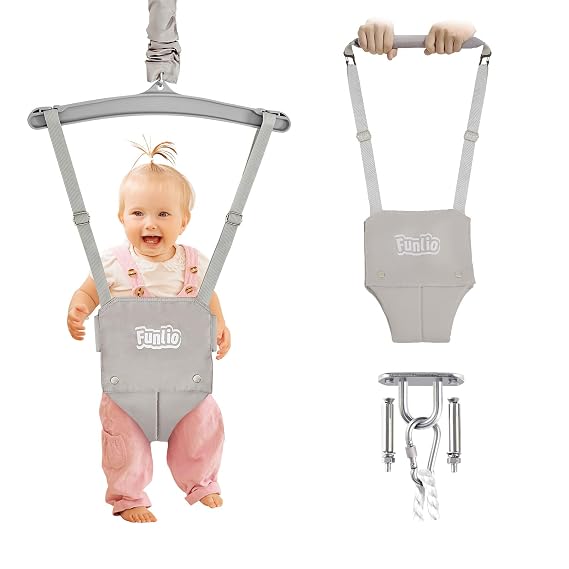 FUNLIO 2 in 1 Baby Jumper with a Ceiling Hook, Baby Walking Harness for 6-24 Months, Infant Jumper for Indoor/Outdoor Play, Infant Jumper Doorway with Adjustable Chain, Easy to Assemble & Store - Grey