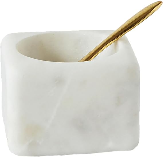 Creative Co-Op Marble Serving Bowls with Brass Spoons, White
