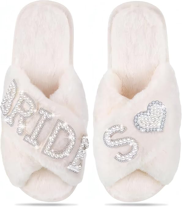 MAIITRIP Personalized Bride Slippers for Bride to Be | Plush,Non-Slip & Custom Initial A-Z with Pearl Rhinestones | Personalized Gift for Bridal Shower,Bachelorette,Honeymoon & Wedding