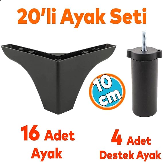 Mobilya Koltuk Kanepe Tv Ünitesi Yükseltme Destek Ayağı 9.5 cm Siyah Ayakları 20'li Set
