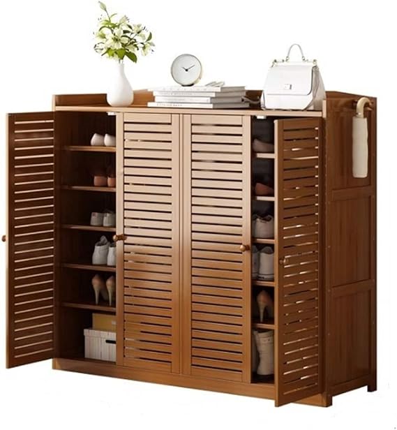 Bamboo Shoe Cabinet, 7-Tier Rustic Large Capacity Shoe Rack, with Doors Household Storage Shoe Shelf, Multi-functional Free Standing Shoe Stand for Entrance, Hallway, Balcony