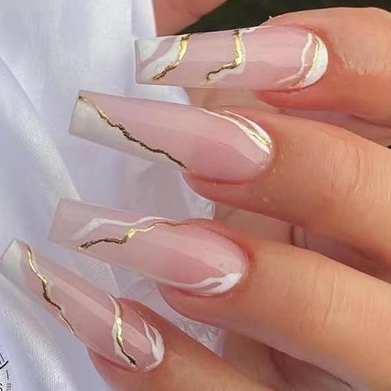 Hkanlre Gold Fake Nails Long Press on Nails Coffin Acrylic Geometry False Nails Full Cover Nails for Women and Girls 24PCS