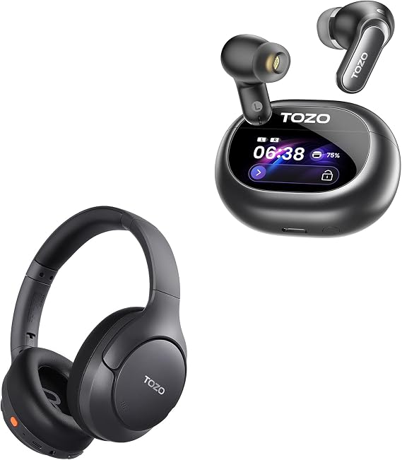 TOZO HT3 Hybrid Noise Cancelling Headphones, 90H Playtime Spatial Audio AI Chat with 5 Mics, NC20 Pro Active Noise Cancelling Wireless Earbuds with Smart Touch Screen