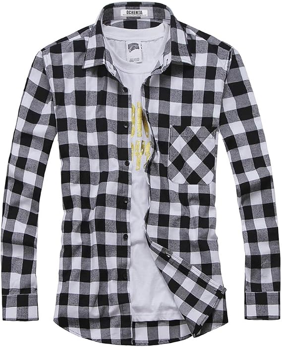 OCHENTA Men's & Boys' Long Sleeve Button Down Plaid Flannel Shirt