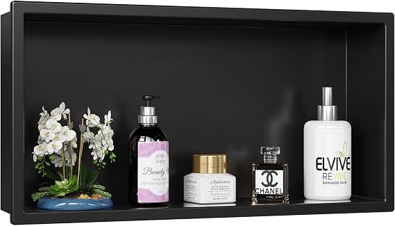 ACEMIRO Shower Niche No Tile Needed, 12" X 24"(Outside Size 13.4"X25.4") Bathroom Niche for Shower Wall, Black Stainless Steel Wall Cabinet Insert for Bathroom, Recessed 2-Tier Shelf