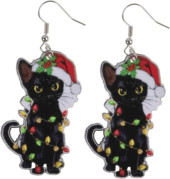 Christmas Hat Cat Earrings,Cartoon Acrylic Earrings,Christmas Lantern Black Earring,Fun and Cute Pet Fashion Creative Jewelry Earring