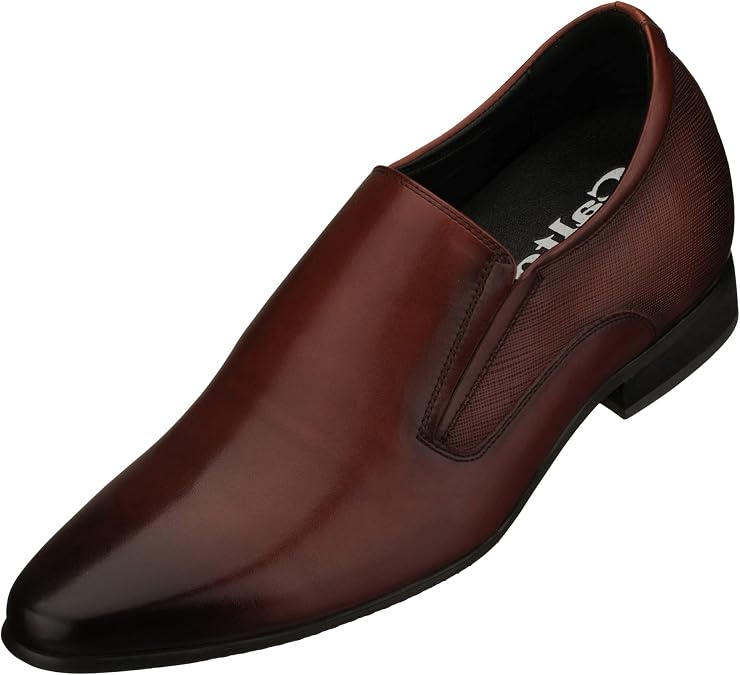 CALTO Men's Invisible Height Increasing Elevator Shoes - Leather Slip-on Formal Dress Loafers- 3 Inches Taller
