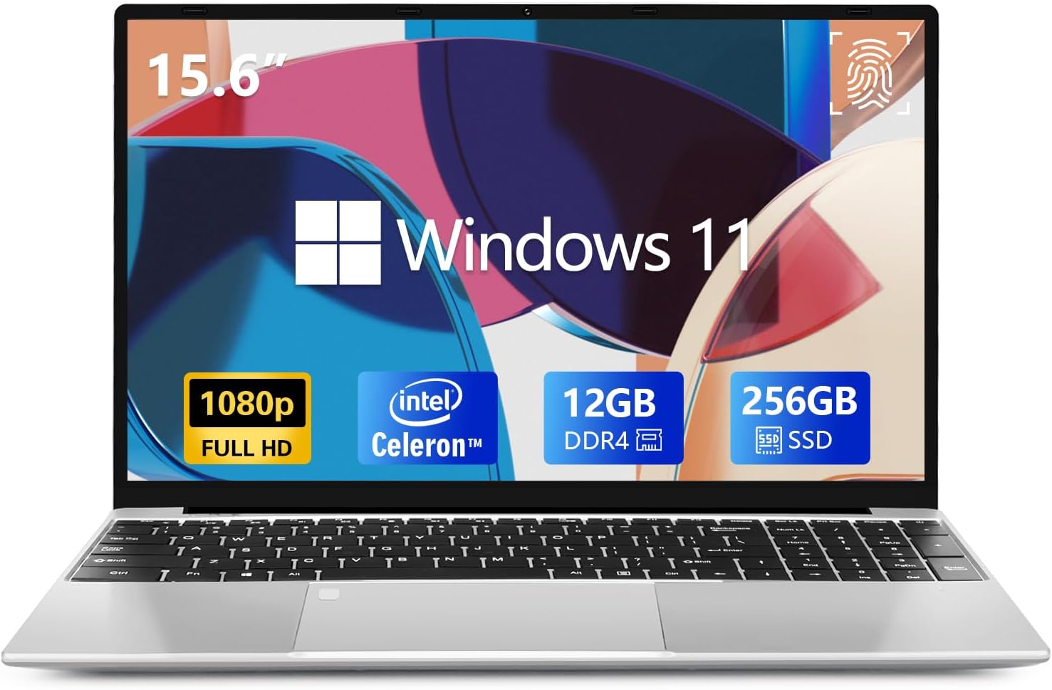 VGKE 15.6 Laptop Computer, 1080p Full HD Student Laptop, Celeron Quad-Core J4125 Processor, 12GB DDR4 RAM 256GB SSD Laptop with Backlit Keyboard, Fingerprint Reader, Webcam, Renewed,Silver