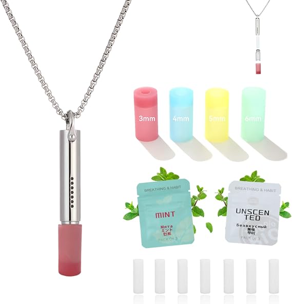 Mint Breathing Necklace - 304 Stainless Steel Refillable Air Device to Help Quit Smoking, Portable Calming Focus Tool with 4 Airflow Tips & Carry Pouch (Silver)