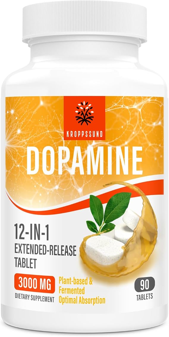 Kroppssund Dopamine Supplements with L-Theanine & Ashwagandha, 12-in-1 Extended Release Formula, 3000mg Per Serving, 90 Tablets (1 Bottle)