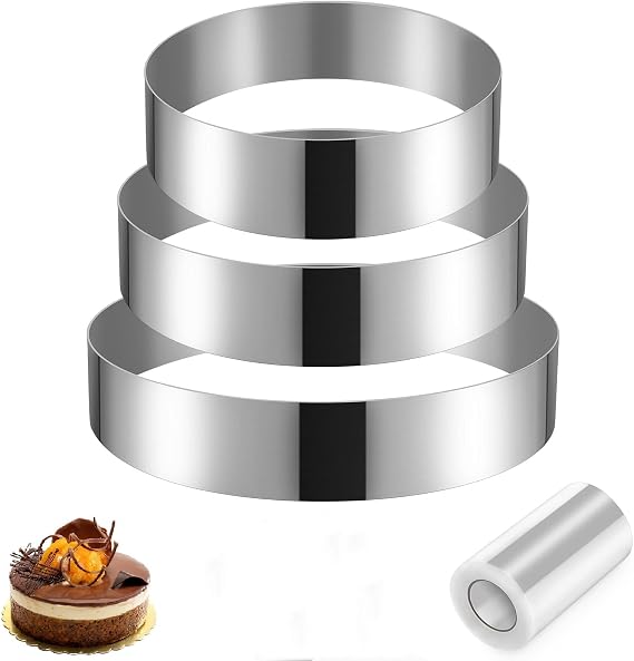 3 pcs Cooking Ring Set 10 +15 + 20cm, Round Pastry Frame Stainless Steel Silver with Cake Collar, Cake Circle Mold Cookie Cutter Frame Mold Fondant Jelly Mousse Pastry Accessory